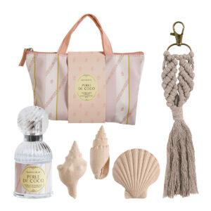 Pochette com spray de ambiente de 30 ml, fragrância Perle de Coco 3 decorações de gesso coloridas, fragrância Perle de Coco 1 porta chaves